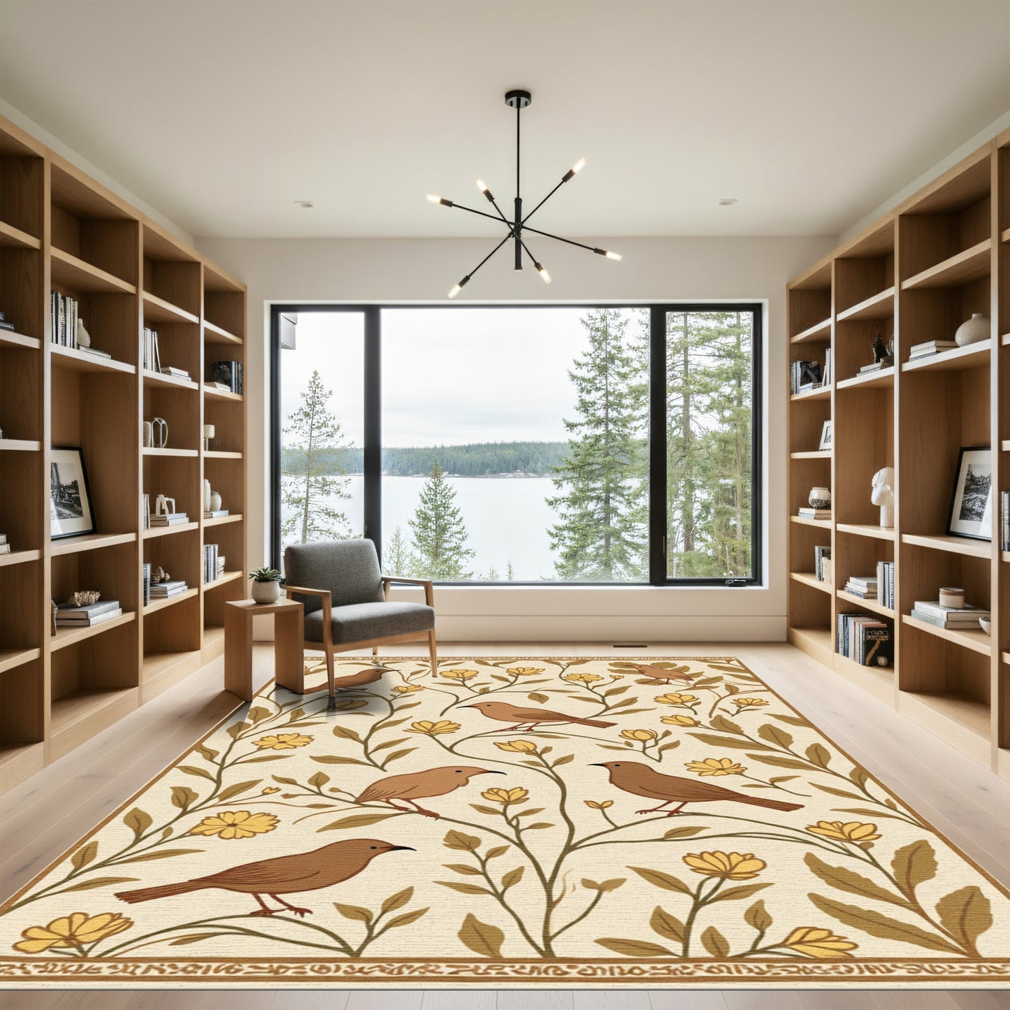 Brown Birds Yellow Floral Branches Rug