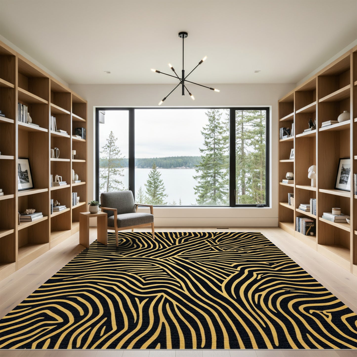 Black Gold Wavy Abstract Lines Rug