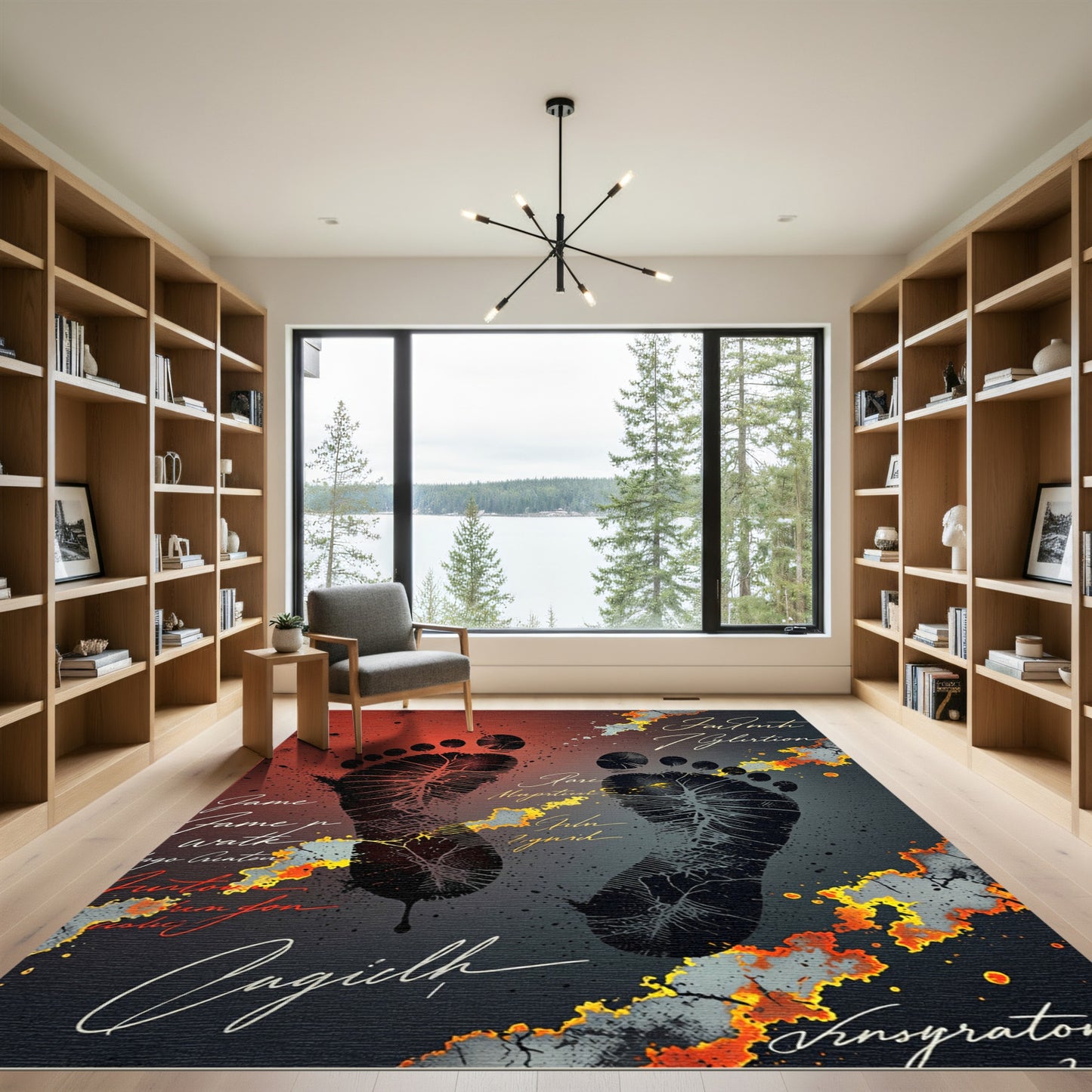 Crimson Fire Footprint Calligraphy Rug
