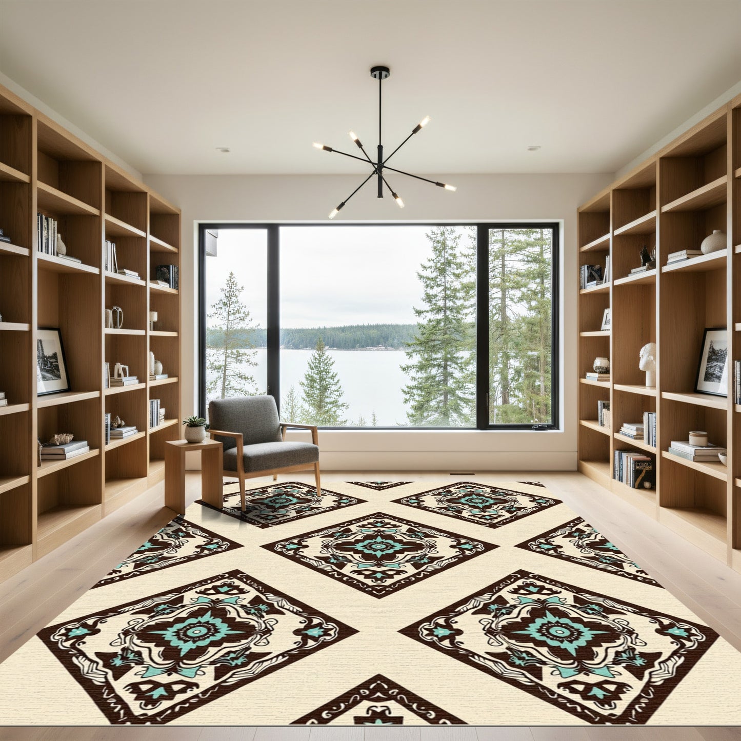 Brown Teal Diamond Floral Medallion Rug