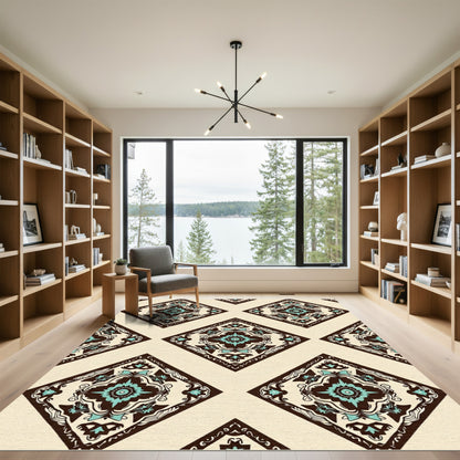 Brown Teal Diamond Floral Medallion Rug