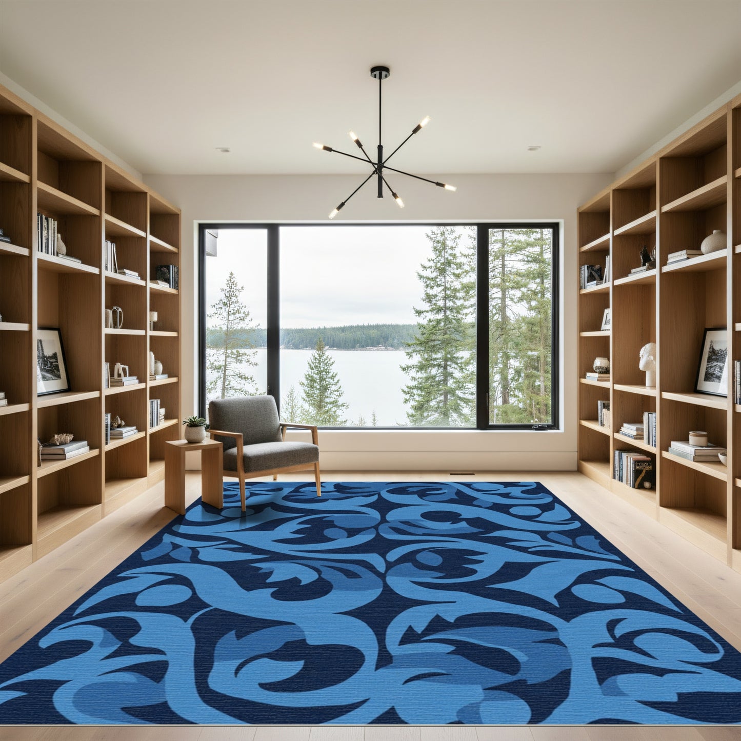 Deep Blue Scrolling Floral Rug