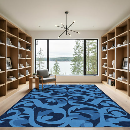 Deep Blue Scrolling Floral Rug