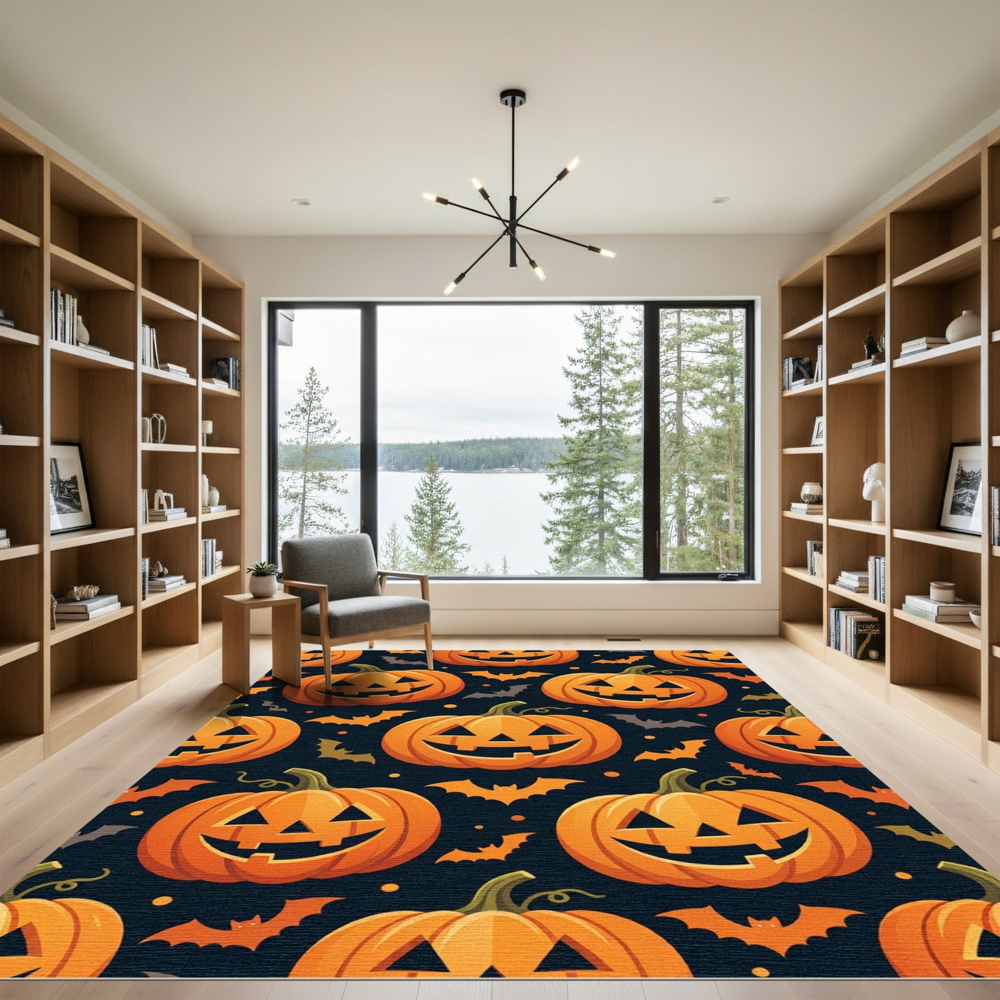 Spooky Orange Pumpkin Flying Bat Halloween Rug
