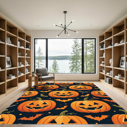 Spooky Orange Pumpkin Flying Bat Halloween Rug