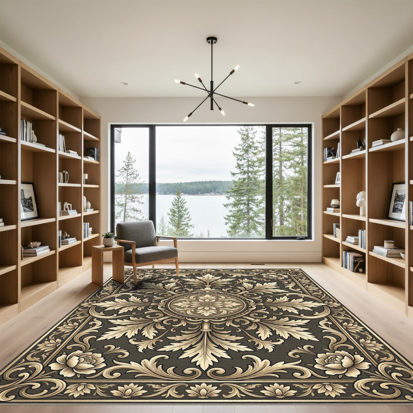 Elegant Gold Leaf Filigree Scrollwork Rug