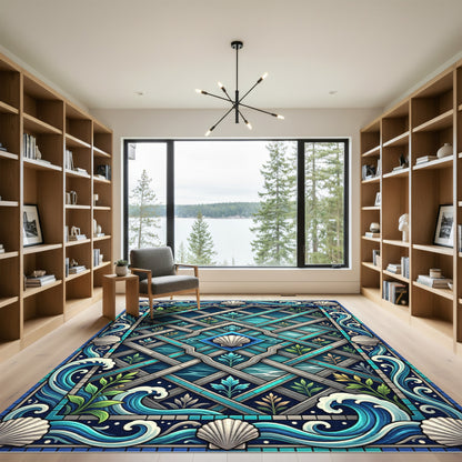 Coastal Blue Seashell Wave Lattice Rug