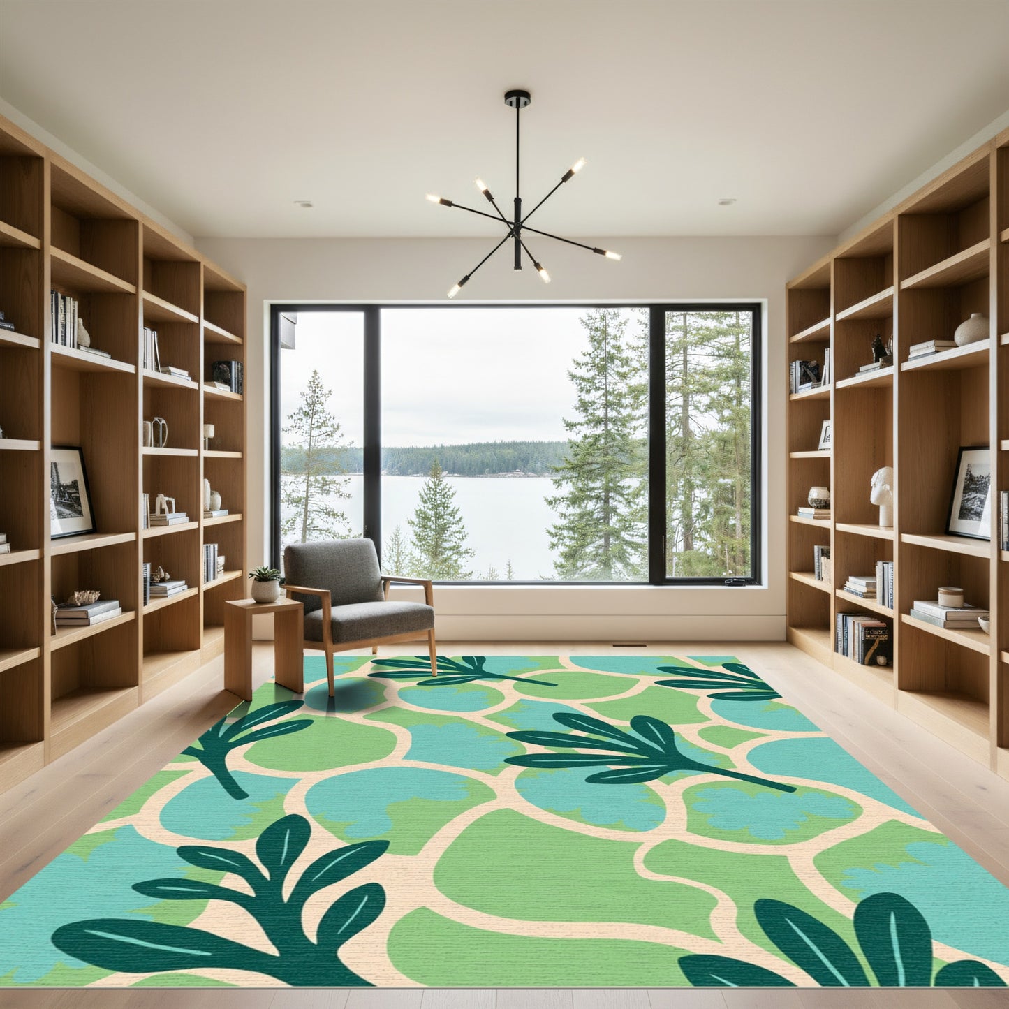 Green Teal Abstract Leafy Shapes Rug
