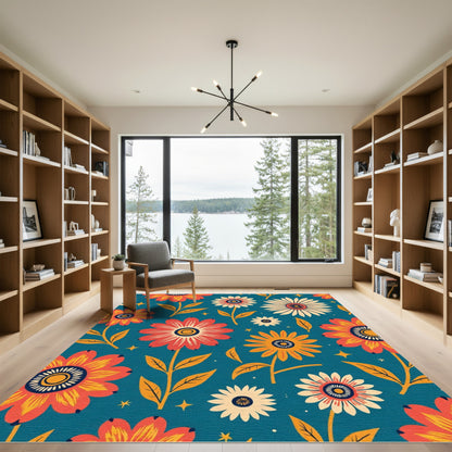 Teal Daisy Floral Sunburst Rug