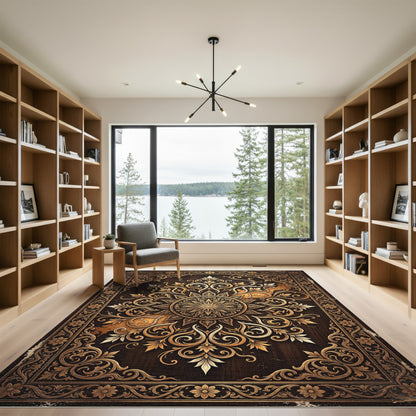 Ornate Gold Filigree Floral Medallion Rug