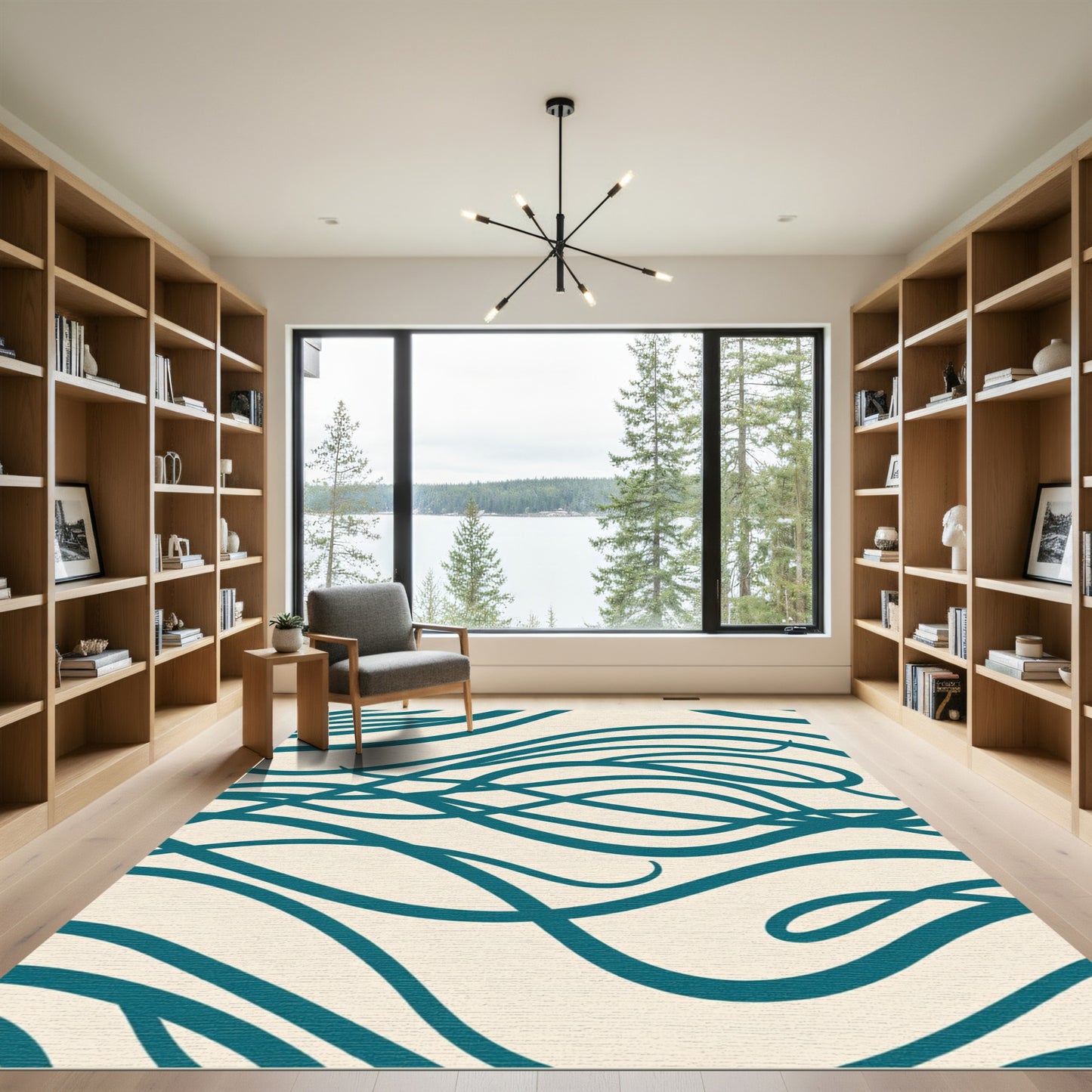 Deep Teal Organic Swirls Cream Rug