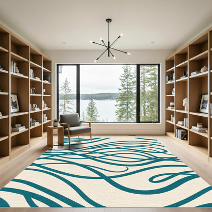 Deep Teal Organic Swirls Cream Rug