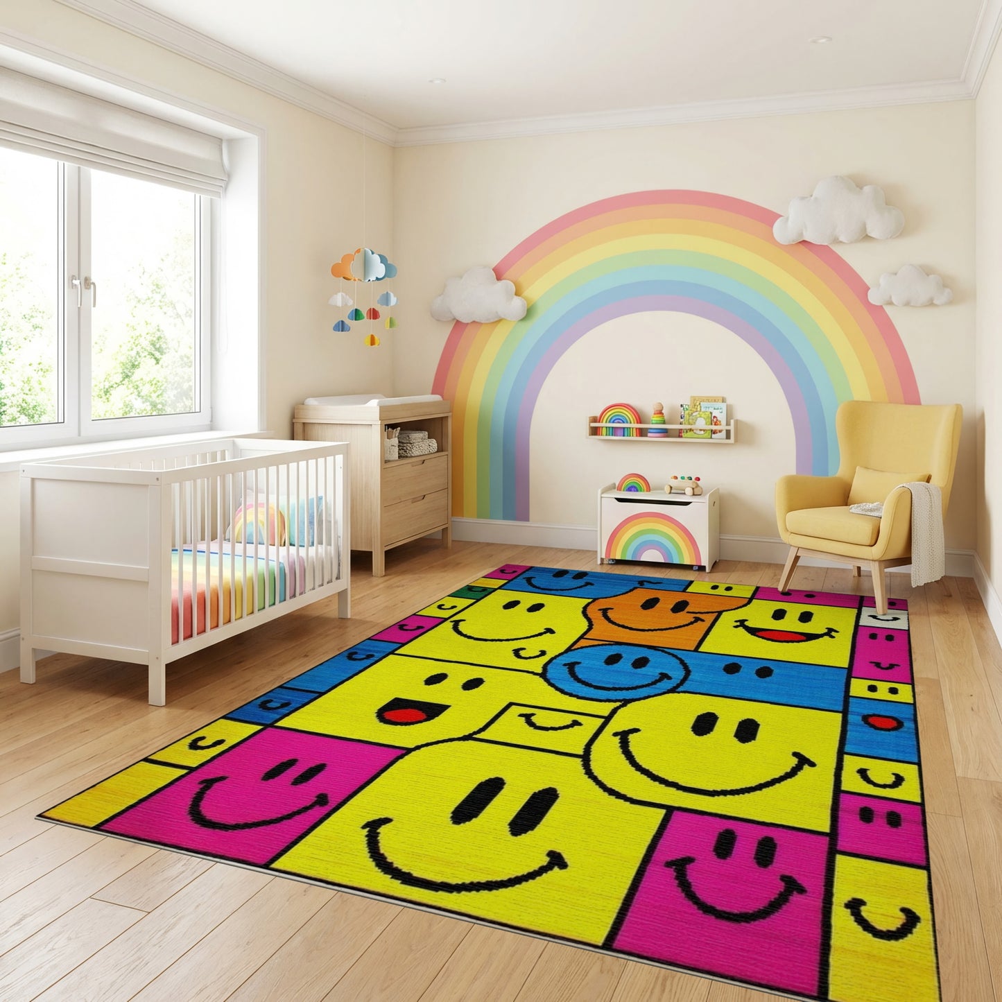 Vibrant Color Block Smiling Faces Rug