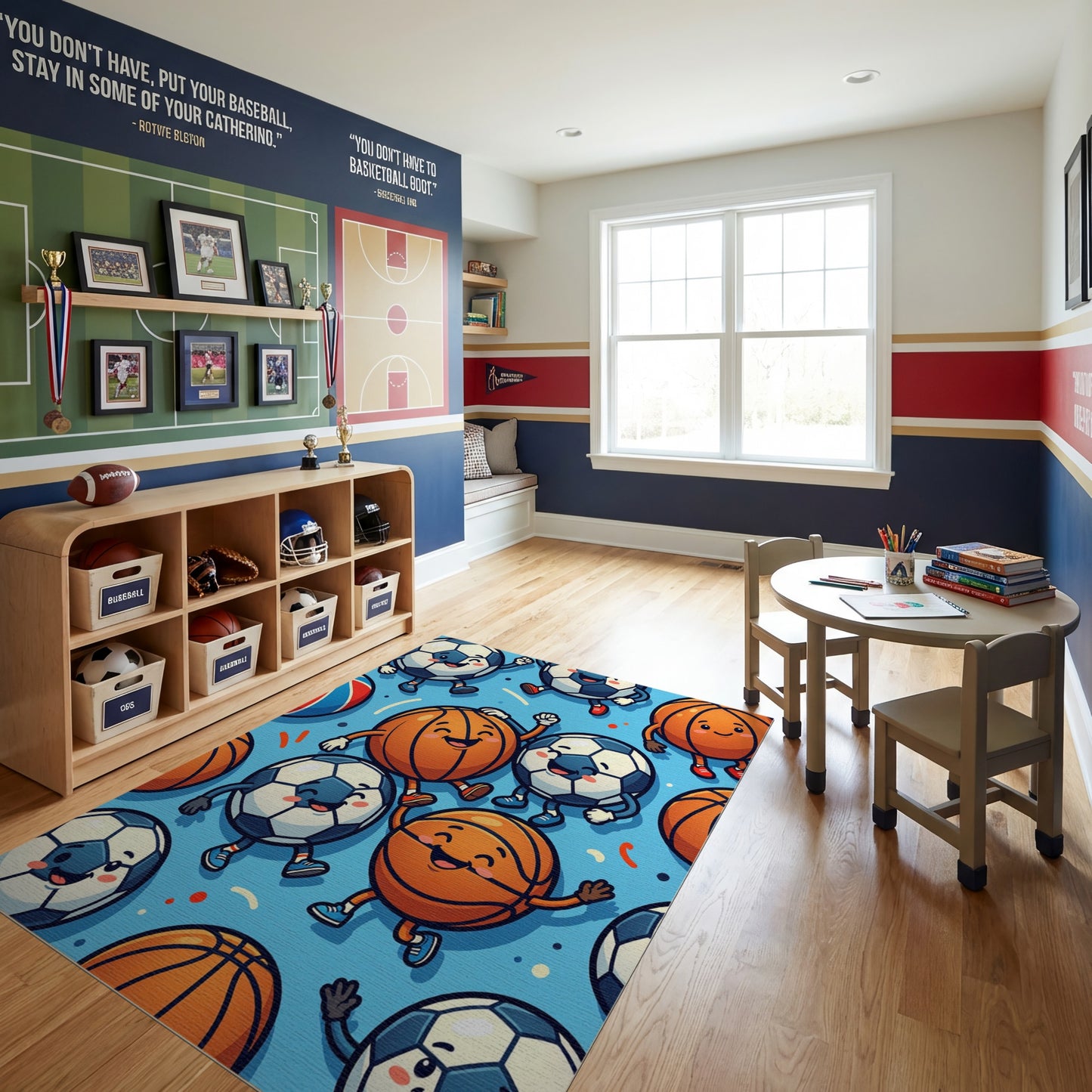 Playful Cartoon Soccer Basketball Dancing Rug