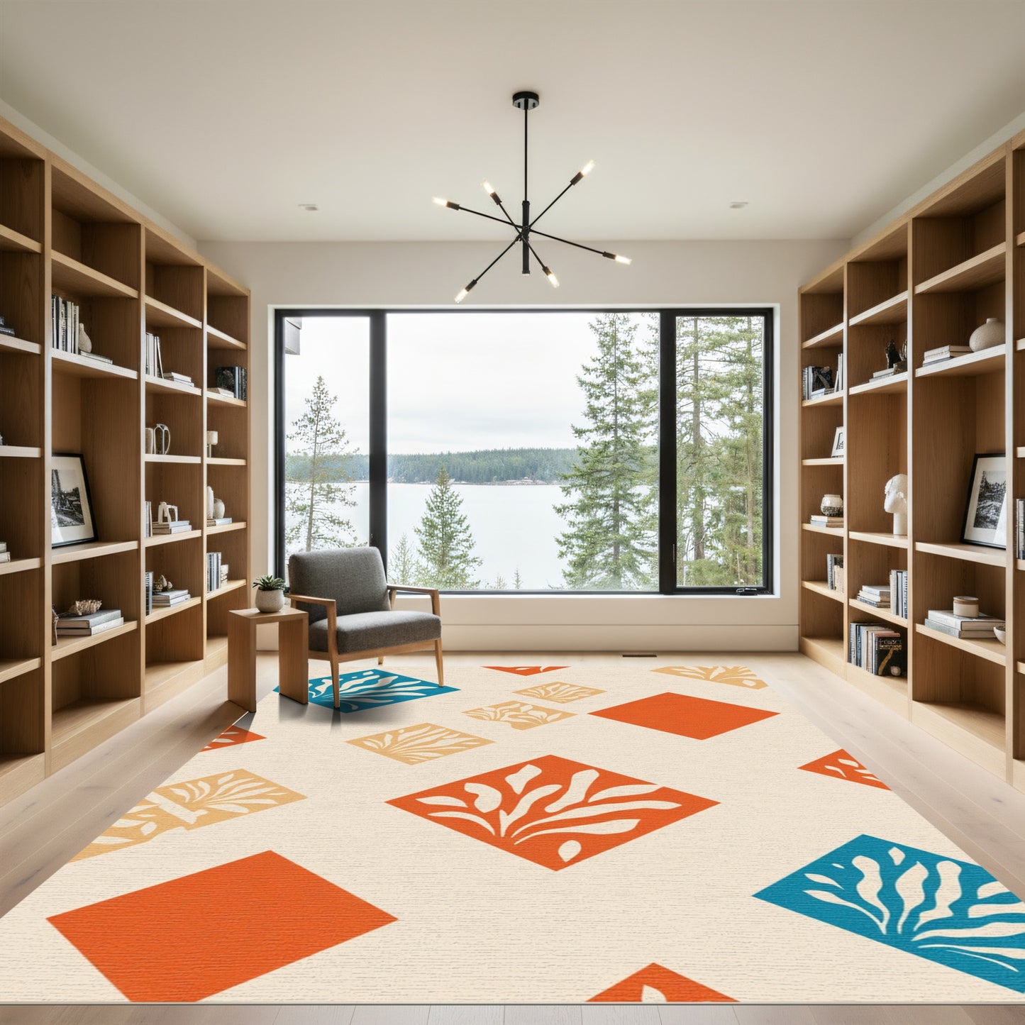 Orange Blue Abstract Diamond Foliage Rug