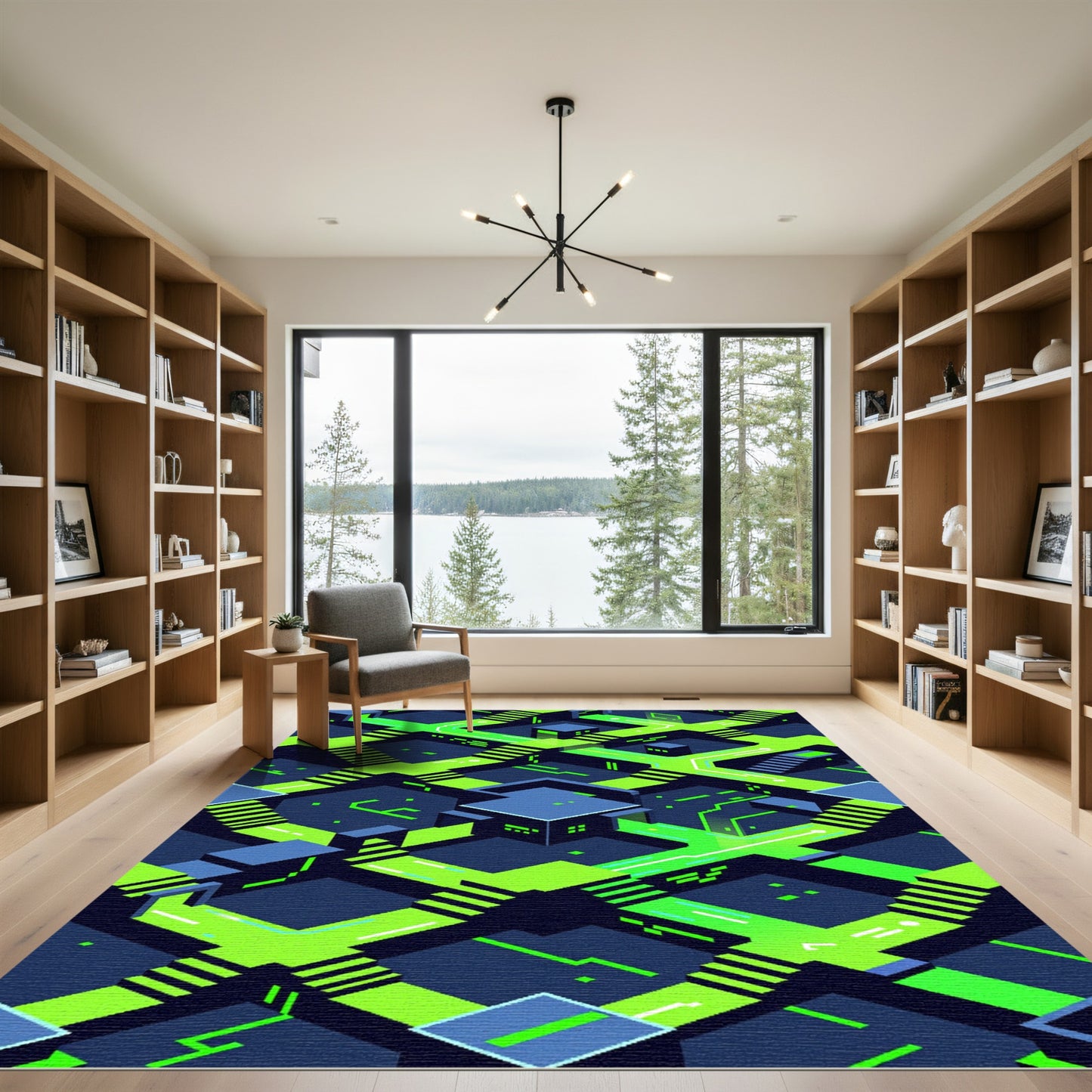 Neon Cybernetic Isometric Staircase Grid Rug