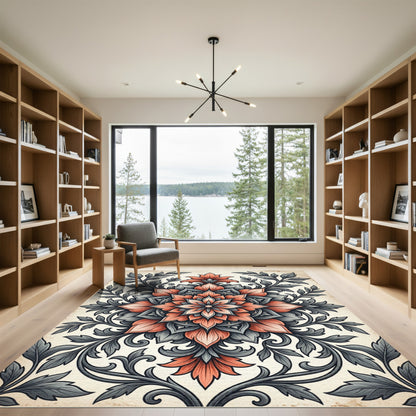 Elegant Coral and Charcoal Floral Medallion Rug