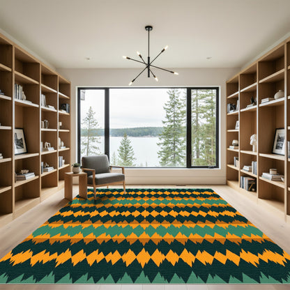 Earthy Teal and Gold Geometric Chevron Rug