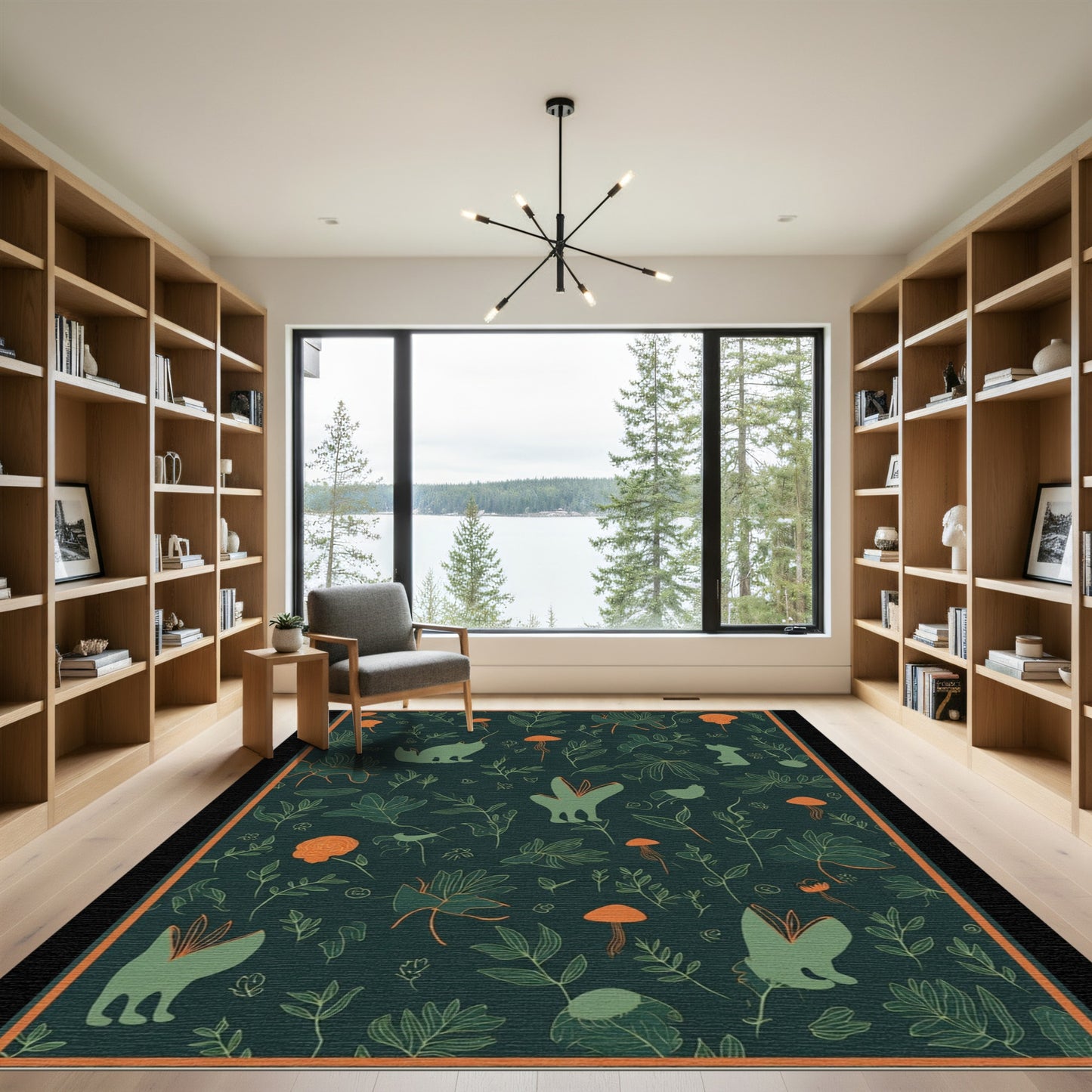 Deep Green Woodland Creatures Botanical Art Rug