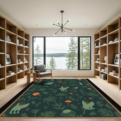 Deep Green Woodland Creatures Botanical Art Rug