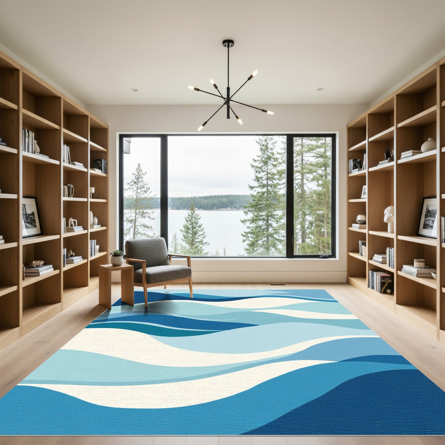 Oceanic Waves In Blue And Cream Rug