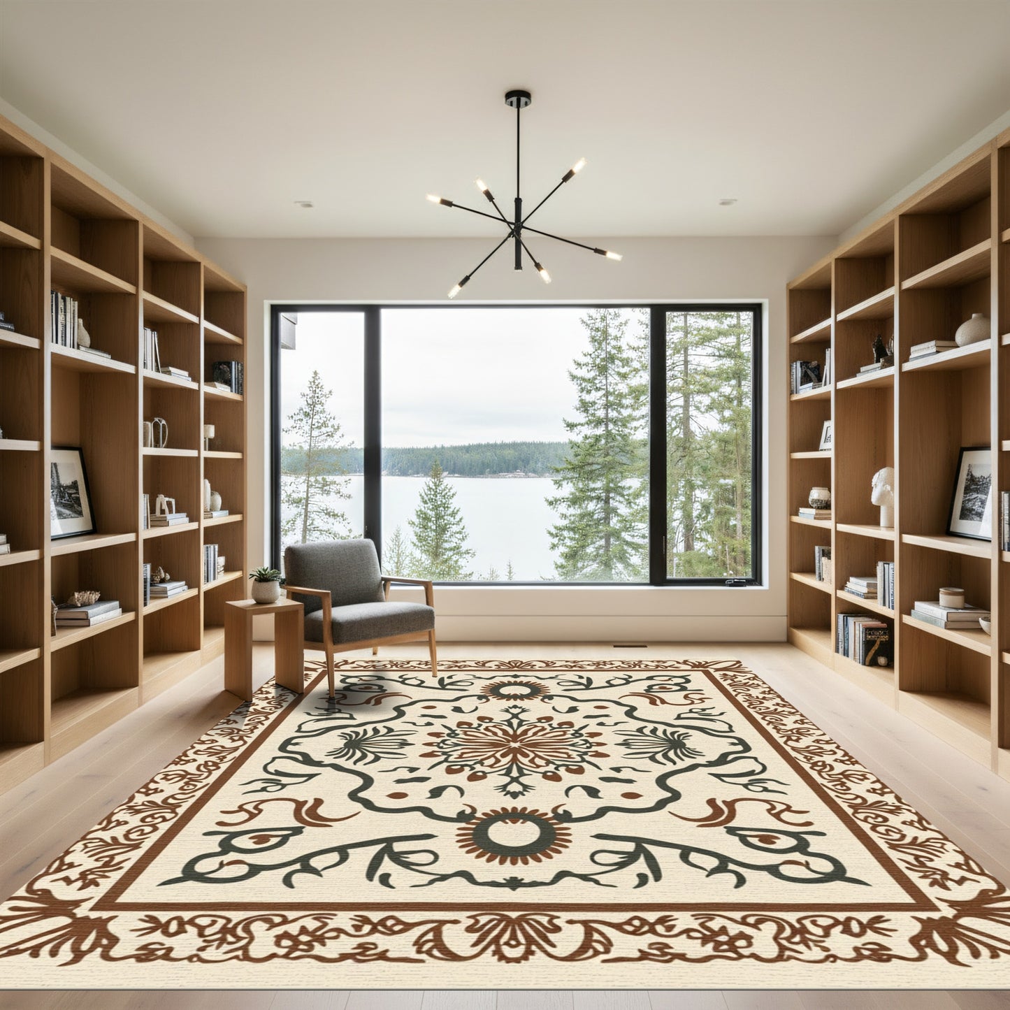 Brown Earthy Floral Vine Mandala Design Rug