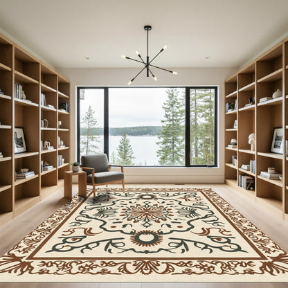 Brown Earthy Floral Vine Mandala Design Rug