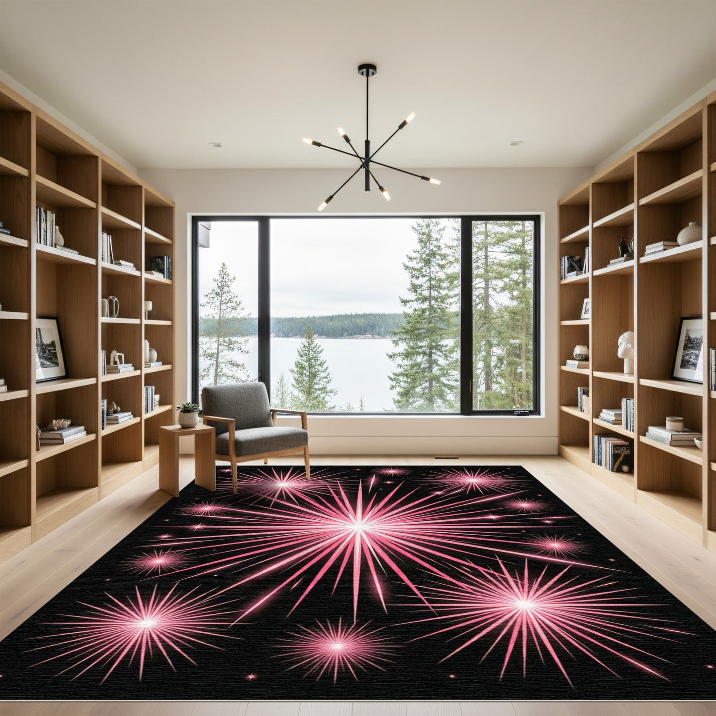 Radiant Pink Fireworks Celestial Sky Rug