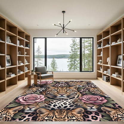 Leopard and Dusty Rose Floral Rug