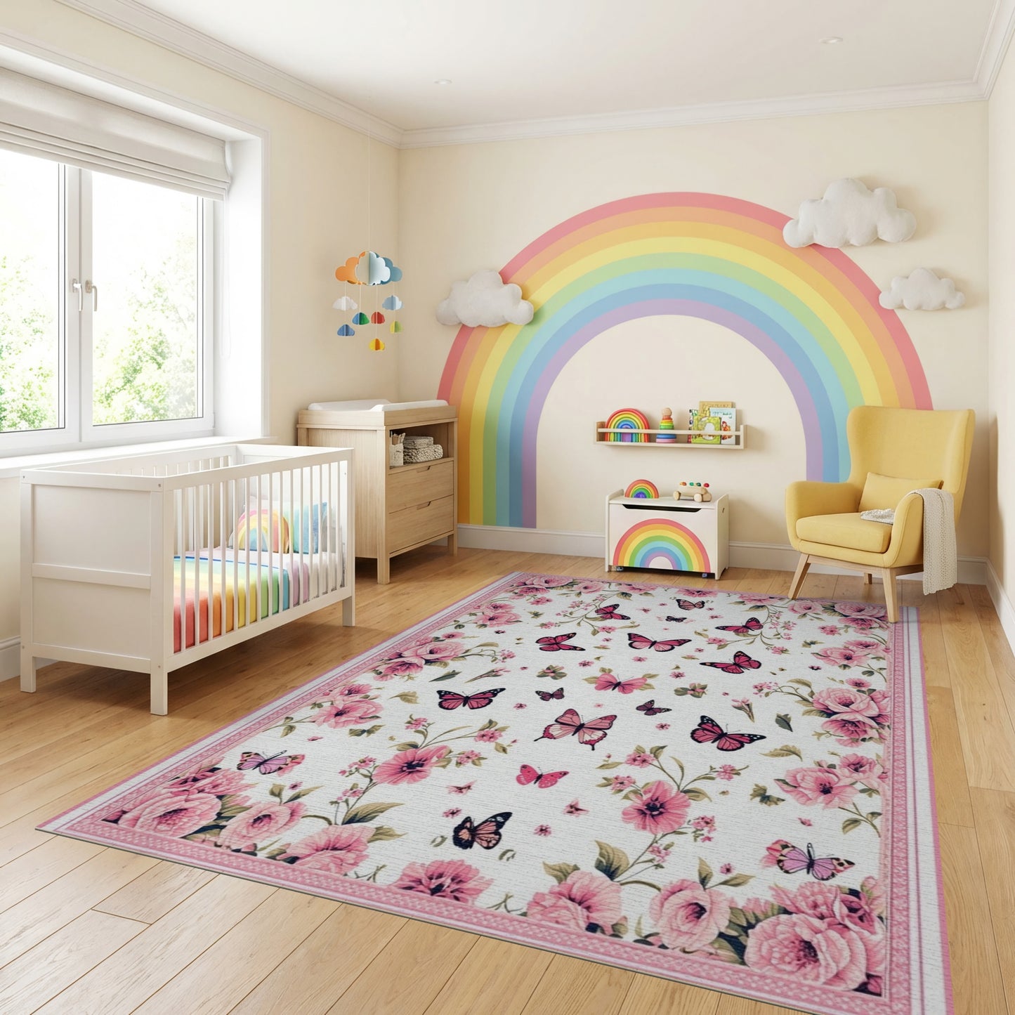 Romantic Pink Roses Butterflies Rug