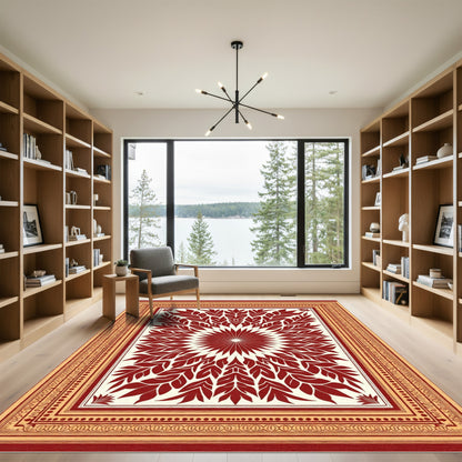 Crimson Leaf Mandala Golden Border Rug