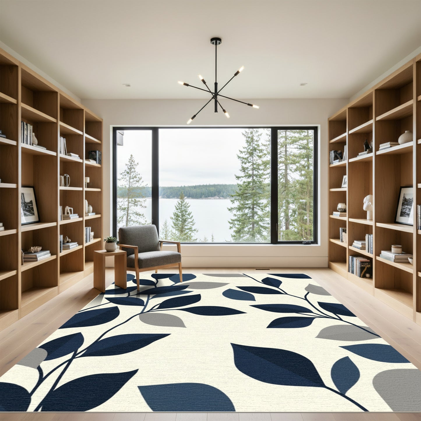 Navy Blue Gray Leaf Branches Rug