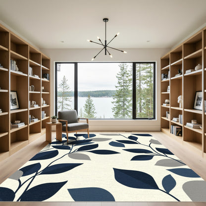 Navy Blue Gray Leaf Branches Rug