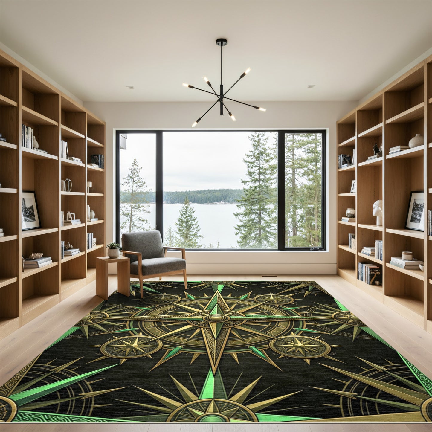 Golden Green Compass Rose Medallion Rug