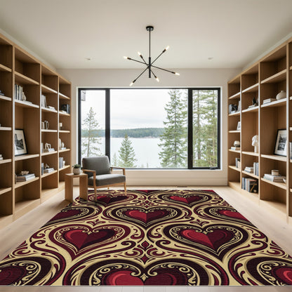 Regal Crimson Hearts Swirls Rug