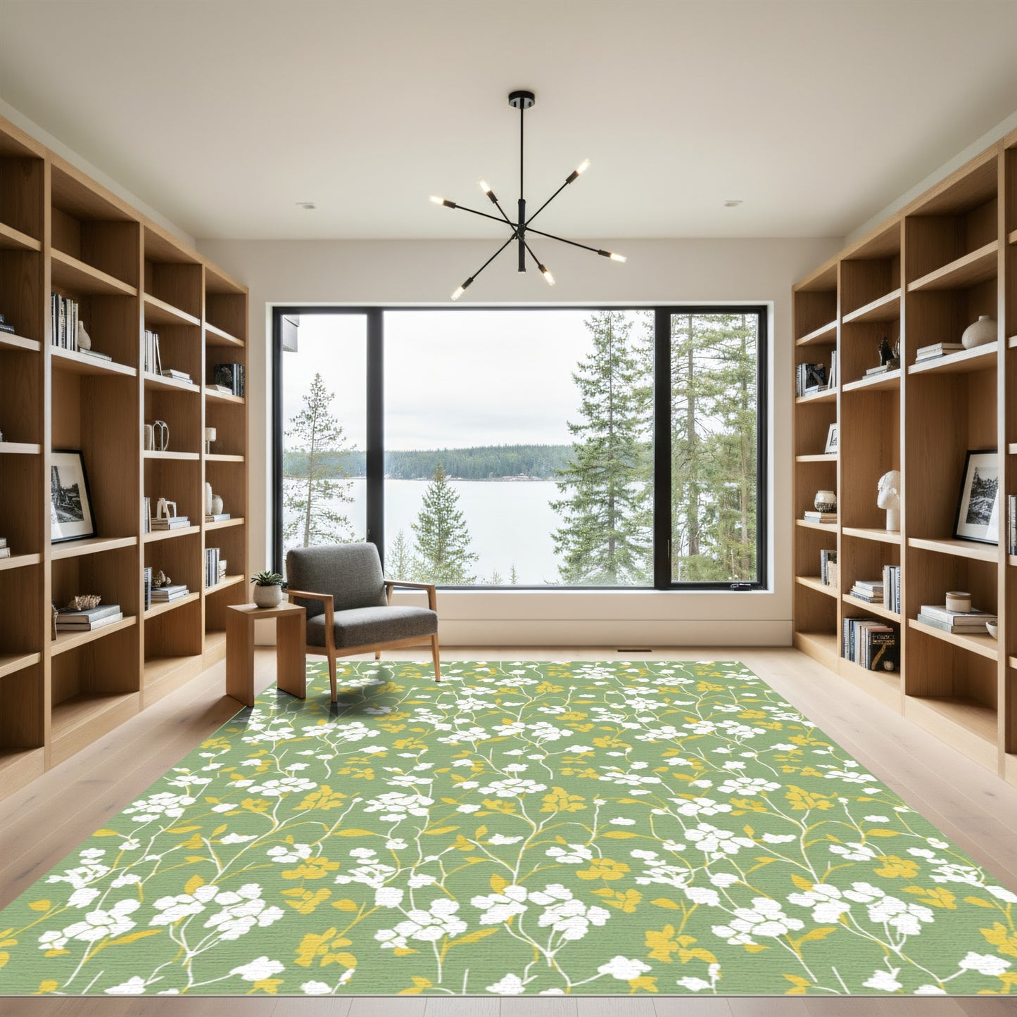 Green White Yellow Floral Branch Rug
