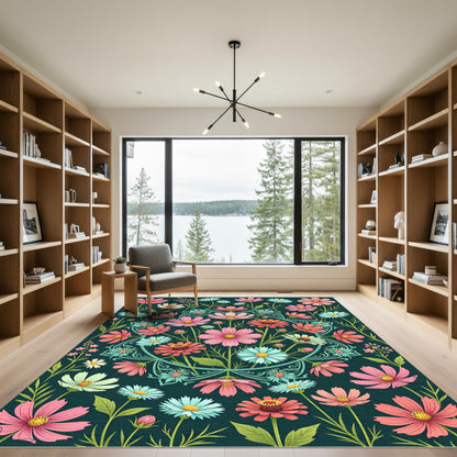 Dusky Teal Floral Medallion Meadow Rug