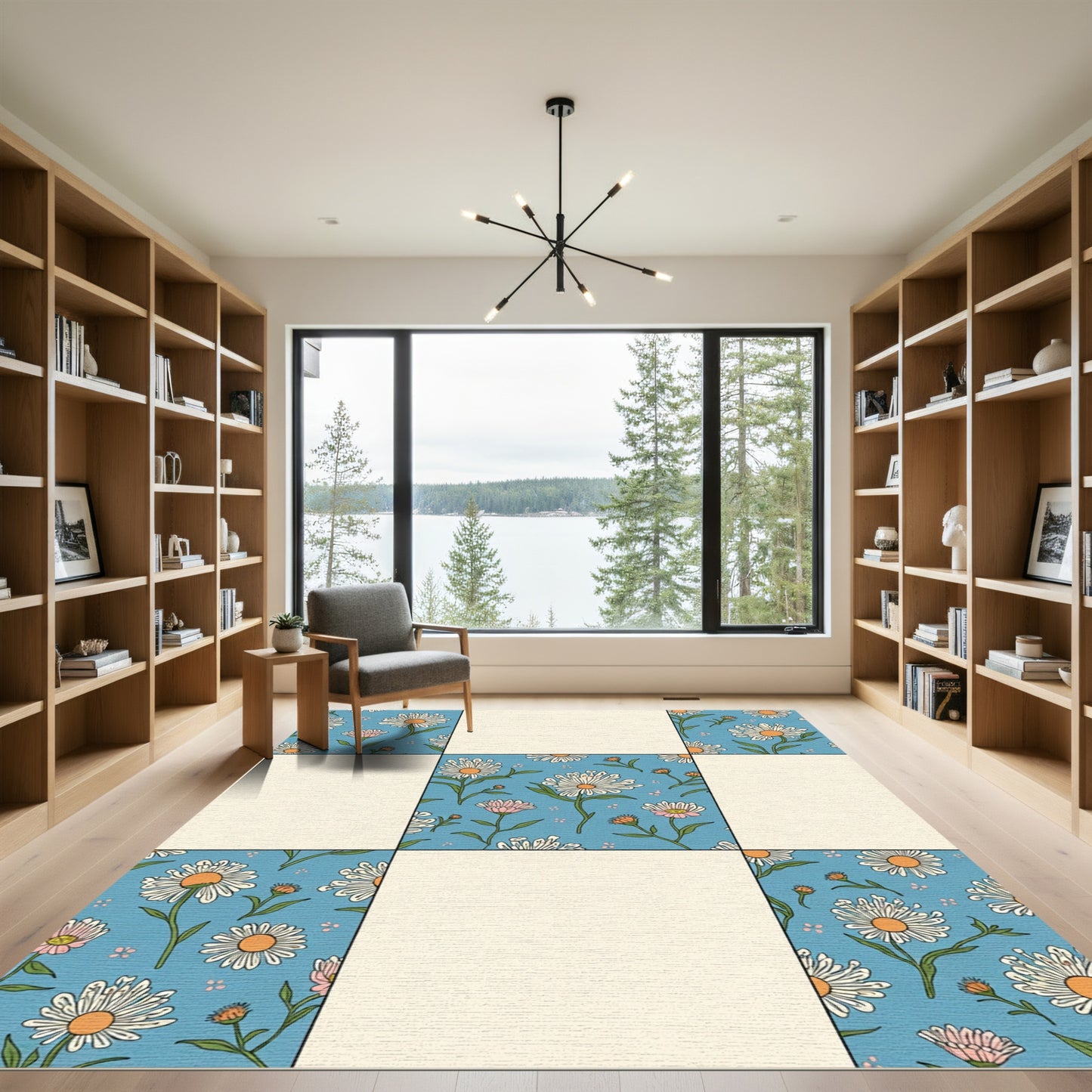 Retro Blue Daisy Floral Patchwork Rug