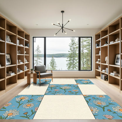 Retro Blue Daisy Floral Patchwork Rug