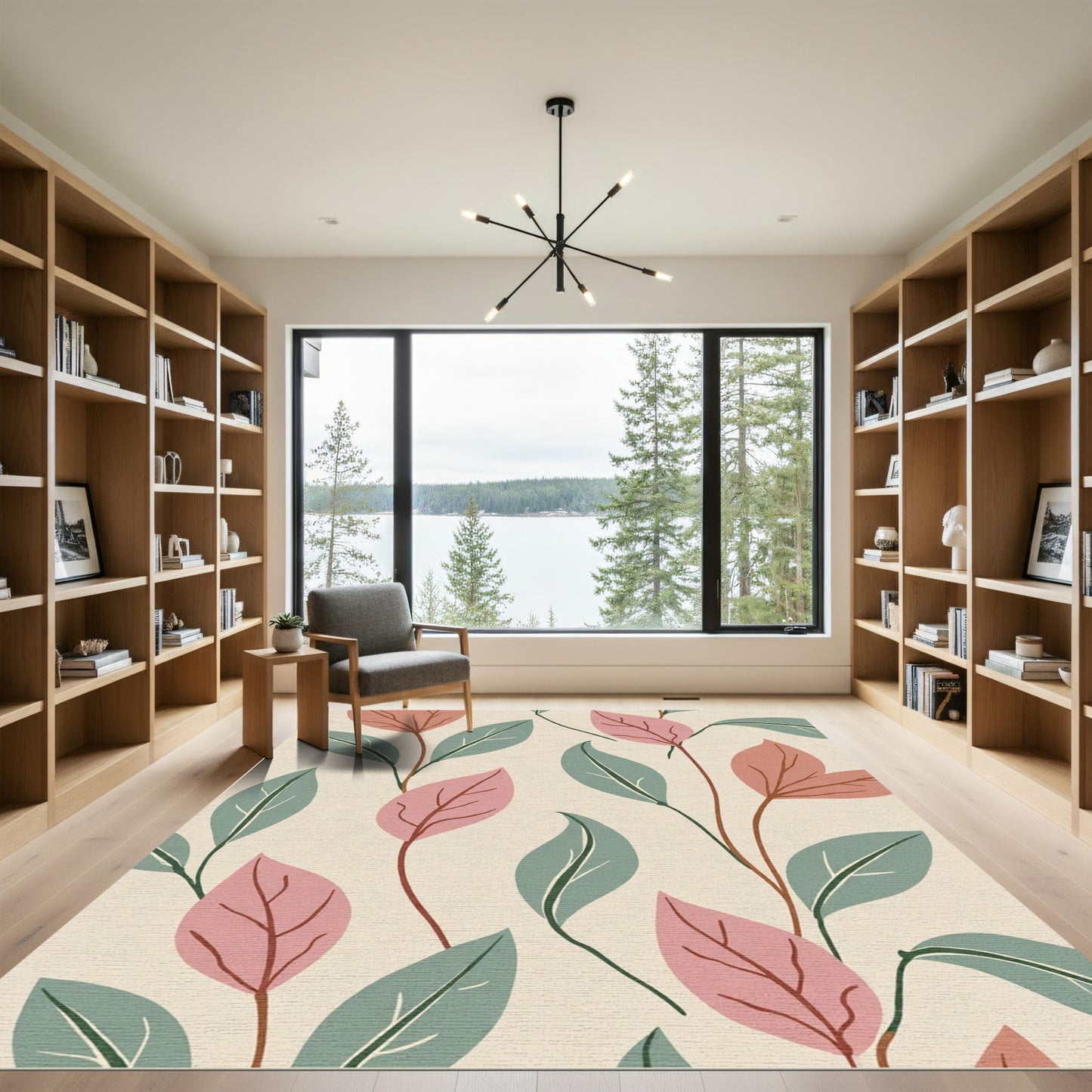 Pale Peach Green Branching Foliage Rug