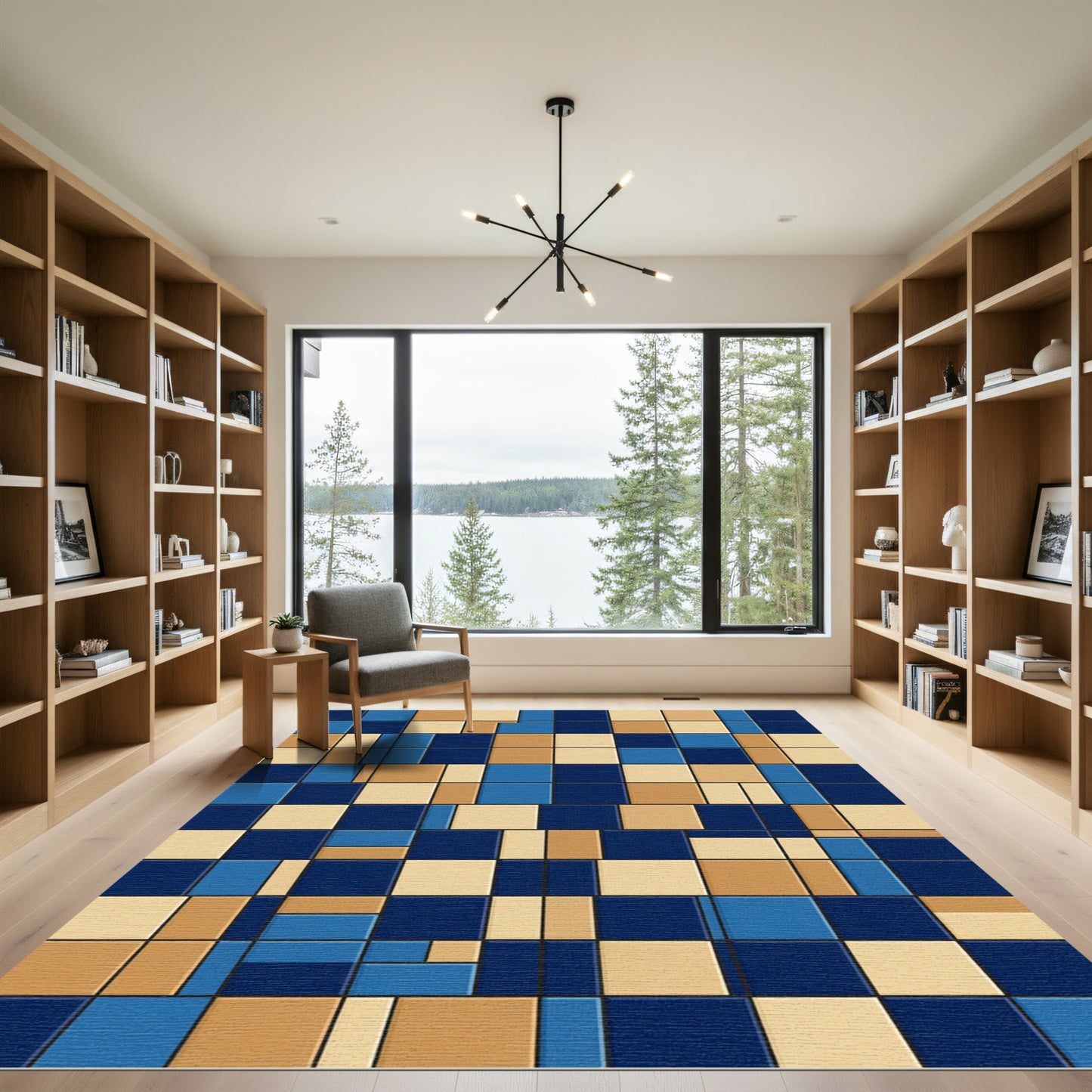 Modern Blue and Sand Geometric Block Rug