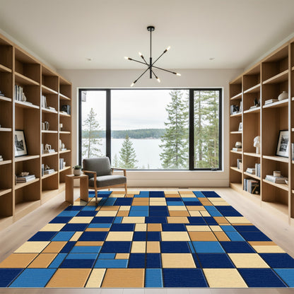 Modern Blue and Sand Geometric Block Rug