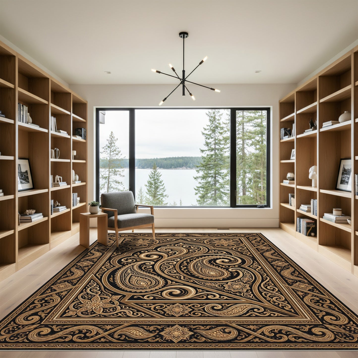 Ornate Gold Paisley Black Border Rug