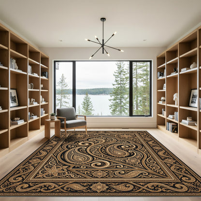 Ornate Gold Paisley Black Border Rug