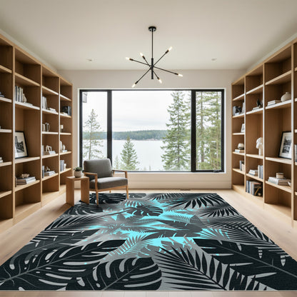 Tropical Black and Blue Leafscape Rug