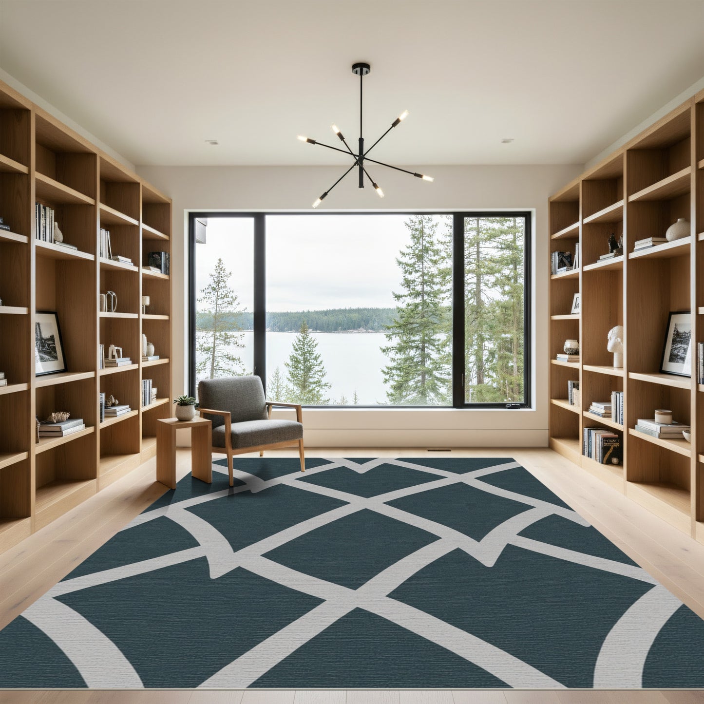 Dark Teal Gray Geometric Lattice Rug