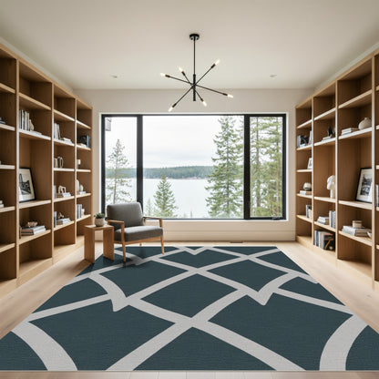 Dark Teal Gray Geometric Lattice Rug