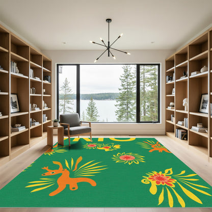 Whimsical Orange Deer Sunflowers Green Rug