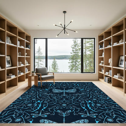 Midnight Blue Dragonfly Garden Tapestry Rug