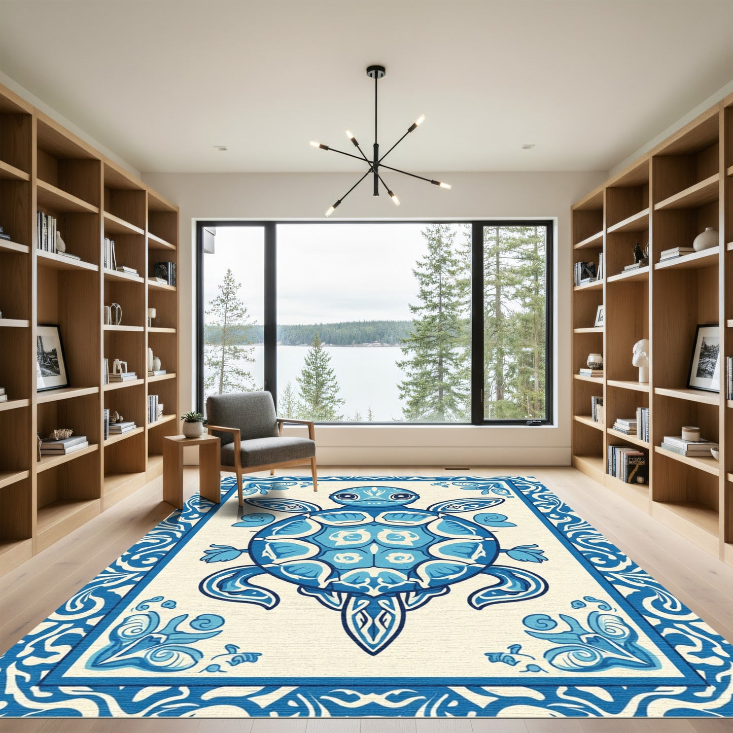 Whimsical Blue Turtle Floral Border Rug